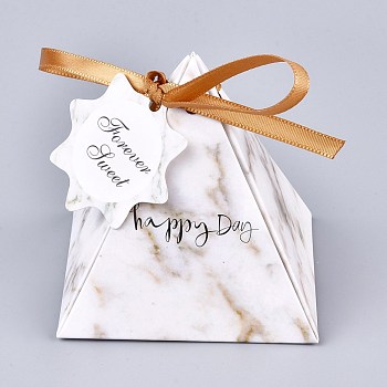 Pyramid Shape Candy Packaging Box, Happy Day Wedding Party Gift Box, with Ribbon and Paper Card, Marble Vein Pattern, White, 7.5x7.5x7.6cm