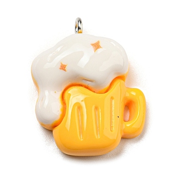Opaque Resin Imitation Food Pendants, Kebab Charms, Beer with Platinum Tone Iron Loops, Gold, 26x21x9mm, Hole: 2mm