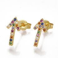 Brass Micro Pave Cubic Zirconia(Random Mixed Color) Ear Studs, Crawler Earrings/Climber Earrings, with Ear Nuts, Arrows, Golden, 12x6mm, Pin: 0.7mm(EJEW-S201-83)