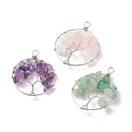 Natural Mixed Stone Chip Pendants, with Platinum Tone Eco-Friendly Copper Wire Wrapped, Round Ring Charm with Tree of Life, 47x35.5x6.5mm, Hole: 4.7mm(PALLOY-JF01747)
