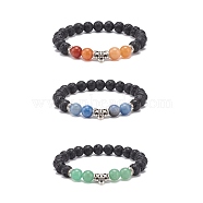 3Pcs 3 Style Natural Mixed Gemstone Round Beaded Stretch Bracelets Set with Alloy Tube for Women, Inner Diameter: 2 inch(5cm), 1Pc/style(BJEW-JB08477)