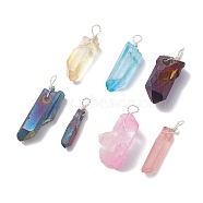 Electroplated Natural Quartz Pendants, with Silver Tone Copper Wire Wrapped, Nuggets, Mixed Color, 25~35x4~12x4.5~16mm, Hole: 3.4~4.4mm(PALLOY-JF01263)