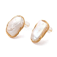 Sterling Silver Stud Earrings, with Natural Pearl, Jewely for Women, Irregular Oval, Real 18K Gold Plated, 15x13mm(EJEW-K273-38G)