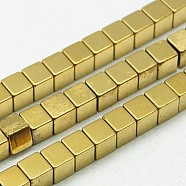 Non-magnetic Synthetic Hematite Beads Strands, Cube, Golden Plated, 2x2x2mm, Hole: 0.8mm(G-K018-2mm-02)