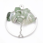 Brass Wire Wrapped Pendants, with Natural Green Aventurine Chip Beads, Ring with Tree, Platinum, 35x30x5~10mm, Hole: 1mm(G-T110-02C)