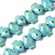 Handmade Porcelain Ceramic Beads Strands, Famille Rose Style, Fish, Sky Blue, 17~18x13~14x8~9mm, Hole: 2mm, about 27pcs/strand, 12.2 inches(31cm)(PORC-S502-014B)