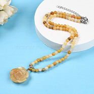 Natural Topaz Jade 4.5mm Round Beaded Flower Pendant Necklaces, 15.75 ~15.8 inch(40~40.7cm)(NJEW-T016-04N)