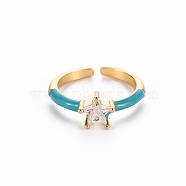 Brass Enamel Cuff Rings, Open Rings, Solitaire Rings, with Clear Cubic Zirconia, Nickel Free, Star, Golden, Dark Cyan, US Size 7(17.3mm)(RJEW-T016-30I-NF)