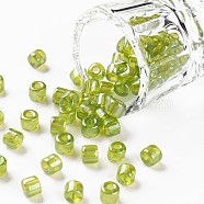 Transparent Colours Luster Glass Round Bugle Beads, Round Hole, Green Yellow, 4~6x5~6mm, Hole: 1.8mm, about 2250pcs/pound(SEED-S045-001A-D01)