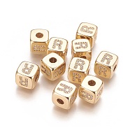 Brass Micro Pave Cubic Zirconia Beads, Horizontal Hole, Real 18K Gold Plated, Long-Lasting Plated, Cube with Letter, Clear, Letter.R, 9x9x9mm, Hole: 3.5mm(KK-K238-16G-R)
