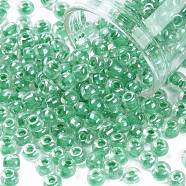 6/0 Glass Seed Beads, Transparent Inside Colours Luster, Round Hole, Round, Green, 6/0, 4~5x2.5~4.5mm, Hole: 1.2mm, about 4500pcs/bag(SEED-A015-4mm-2218)