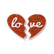 Acrylic Big Pendants, with Gold Foil, Couple Charms, Heart with Word Love, Orange Red, 57x40x4mm, Hole: 1.5mm(SACR-G030-02A)