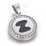 304 Stainless Steel Enamel Pendants, with Cubic Zirconia, Flat Round with Letter, Stainless Steel Color, Clear, Letter.Z, 29x25x3mm, Hole: 5.5x8.5mm(STAS-E439-90Z-P)