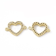 Brass Micro Pave Clear Cubic Zirconia Connector Charms, Heart Links, Real 18K Gold Plated, 10.5x15x2mm, Hole: 0.8mm(KK-E068-VC080)