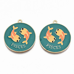 Alloy Enamel Pendants, Cadmium Free & Lead Free, Flat Round with Constellation & Word, Light Gold, Teal, Pisces, 30.5x27x1.5mm, Hole: 1.5mm(ENAM-S126-031G-RS)