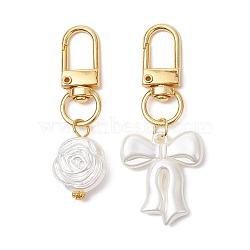 2Pcs Flower & Bowknot Plastic Imitation Pearl Pendant Decorations, Alloy Swivel Clasps Charms for Bag Ornaments, Golden, 55~64mm(HJEW-JM02558)