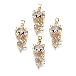 Brass Cubic Zirconia Pendants,  with Glass and Brass Snap on Bails, Nickel Free, Real 18k Gold Plated, Cat, Clear, 20x9x7mm, Hole: 2x4mm(X-KK-R134-083-NF)