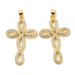 Rack Plating Brass Micro Pave Cubic Zirconia Pendants, Long-Lasting Plated, Lead Free & Cadmium Free, Cross Charms, Religion, Real 18K Gold Plated, 37x22x3mm, Hole: 5x3mm(KK-F869-12G)