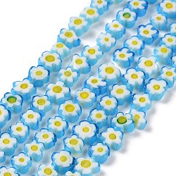 Handmade Millefiori Glass Bead Strands, Flower, Blue, 4~7.2x2.6mm, Hole: 1mm, about 60~69pcs/Strand, 16 inch(40cm)(LAMP-J035-6mm-09)