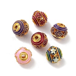 Alloy Enamel Beads, Round with Flower, Golden, Mixed Color, 12x11mm, Hole: 2mm(ENAM-B001-08L)