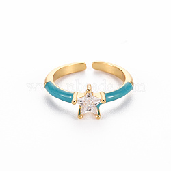 Brass Enamel Cuff Rings, Open Rings, Solitaire Rings, with Clear Cubic Zirconia, Nickel Free, Star, Golden, Dark Cyan, US Size 7(17.3mm)(RJEW-T016-30I-NF)