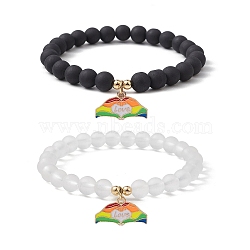 2Pcs 2 Style Synthetic Hematite & Glass Round Beaded Stretch Bracelets Set, Pride Rainbow Flag Alloy Enamel Charms Stackable Bracelets, Heart, Inner Diameter: 2-3/8 inch(5.9~6.1cm), 1Pc/style(BJEW-JB10051-01)