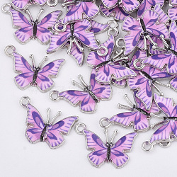 Printed Alloy Pendants, with Enamel, Butterfly, Platinum, Violet, 14x20.5x1.5mm, Hole: 1.6mm(PALLOY-R111-14C)