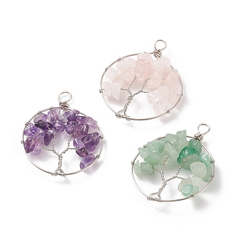 Natural Mixed Stone Chip Pendants, with Platinum Tone Eco-Friendly Copper Wire Wrapped, Round Ring Charm with Tree of Life, 47x35.5x6.5mm, Hole: 4.7mm