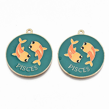 Alloy Enamel Pendants, Cadmium Free & Lead Free, Flat Round with Constellation & Word, Light Gold, Teal, Pisces, 30.5x27x1.5mm, Hole: 1.5mm