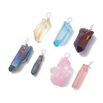 Electroplated Natural Quartz Pendants, with Silver Tone Copper Wire Wrapped, Nuggets, Mixed Color, 25~35x4~12x4.5~16mm, Hole: 3.4~4.4mm