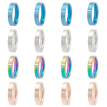 16Pcs 4 Colors 201 Stainless Steel Plain Band Rings Set for Women, Mixed Color, US Size 6 1/2(16.9mm), 4Pcs/color