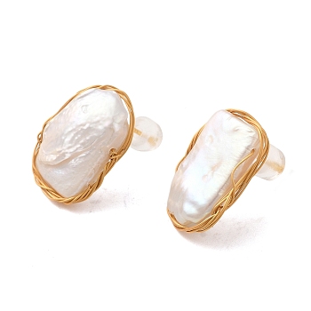 Sterling Silver Stud Earrings, with Natural Pearl, Jewely for Women, Irregular Oval, Real 18K Gold Plated, 15x13mm