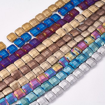 Electroplated Non-magnetic Synthetic Hematite Beads Strands, Frosted, Faceted, Square, Mixed Color, 10x10x4mm, Hole: 0.7mm, about 40pcs/strand, 15.9 inch(40.5cm)