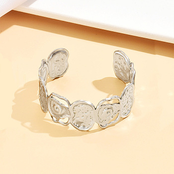 304 Stainless Steel Hollow Rose Flower Open Cuff Bangles for Women, Tarnish Free, Stainless Steel Color, Inner Diameter: 2.20x1.97 inch(5.6x5cm)