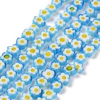 Handmade Millefiori Glass Bead Strands, Flower, Blue, 4~7.2x2.6mm, Hole: 1mm, about 60~69pcs/Strand, 16 inch(40cm)