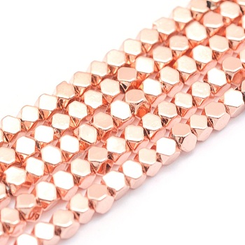 Electroplate Non-magnetic Synthetic Hematite Beads Strands, Grade AA, Long-Lasting Plated, Faceted, Cube, Rose Gold Plated, 3x3x3mm, Hole: 0.8mm, about 141pcs/strand, 15.7 inch(40cm)