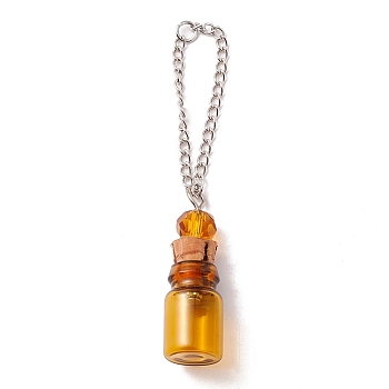 Empty Perfume Bottle Pendants, with Cork Stopper & Brass Chain, Platinum Iron Findings, Goldenrod, 70mm, Link Wide: 2mm, Bottle: 12mm Wide, 35mm Long, 12mm Thick,  Inner Diameter: 6mm.