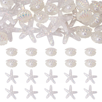 26Pcs 2 Styles UV Plating Ocaen Theme Transparent Resin Cabochons, Iridescent, Clear, 20~38x22~39x8~16.5mm, 13pcs/style