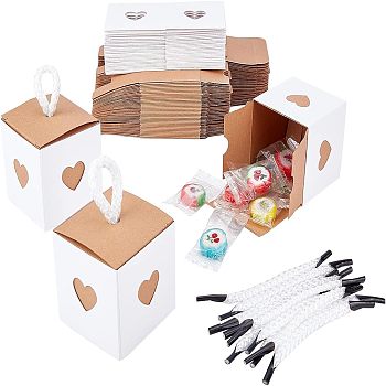 Nbeads Kraft Paper Box, with Nylon Cord, Square with Heart, White, 5.65x5.6x5.6cm