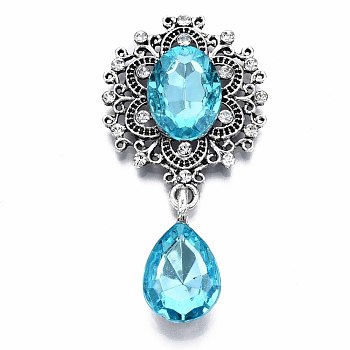 Alloy Flat Back Cabochons, with Acrylic Rhinestones, Oval and Teardrop, Antique Silver, Faceted, Deep Sky Blue, 59x29x6mm