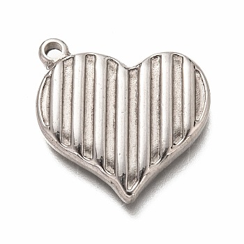 304 Stainless Steel Pendants, Heart with Stripe Pattern, Stainless Steel Color, 22x23.5x3.5mm