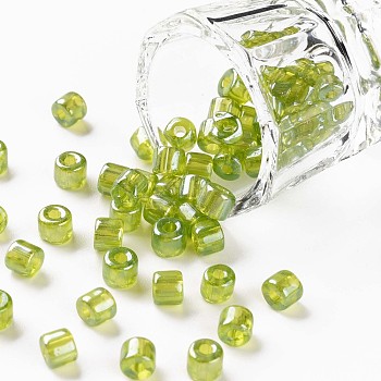 Transparent Colours Luster Glass Round Bugle Beads, Round Hole, Green Yellow, 4~6x5~6mm, Hole: 1.8mm, about 2250pcs/pound
