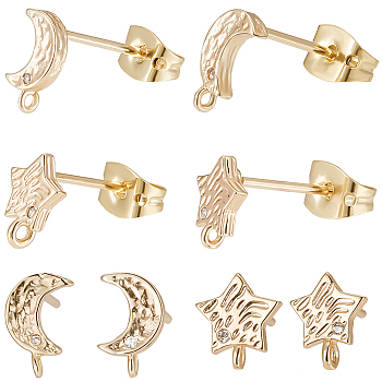 6Pcs 2 Style Star & Moon Brass Cubic Zirconia Stud Earring Findings, with Vertical Loop, with 12Pcs Friction Ear Nuts, Real 18K Gold Plated, 7~8.5x5~6.5mm, Hole: 0.5~0.7mm, 6Pcs/style