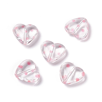 Transparent Acrylic Beads, Heart with Polka Dot Pattern, Clear, Pink, 15.5x17.5x6mm, Hole: 1.7mm