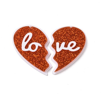 Acrylic Big Pendants, with Gold Foil, Couple Charms, Heart with Word Love, Orange Red, 57x40x4mm, Hole: 1.5mm