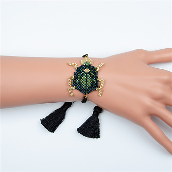Miyuki Seed Braided Bead Bracelet with Double Tassel, Beetle Friendship Bracelet for Women, Colorful, 11 inch(28cm)