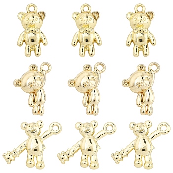 30Pcs 3 Styles Rack Plating Alloy Pendants, Bear Charms, Cadmium Free & Lead Free, Light Gold, 14~16x9~17x3~4mm, Hole: 1.4mm, 10pcs/style 