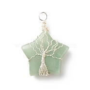Natural Green Aventurine Pendants, with Silver Tone Copper Wire Wrapped, Star with Tree, 36x30x12mm, Hole: 3.5mm(PALLOY-JF01635-01)