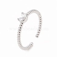 Clear Cubic Zirconia Heart Open Cuff Ring, Brass Jewelry for Women, Platinum, Inner Diameter: 17mm(RJEW-B028-19P)