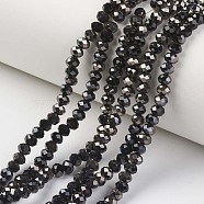 Electroplate Opaque Glass Beads Strands, Half Black Plated, Faceted, Rondelle, Black, 4x3mm, Hole: 0.4mm, about 123~127pcs/strand, 16.5~16.9 inch(42~43cm)(EGLA-A034-P4mm-P01)